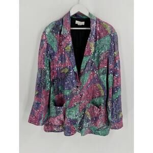 Sandy Starkman Vintage Jacket Womens Large Pink Purple Blue Sequins Pockets